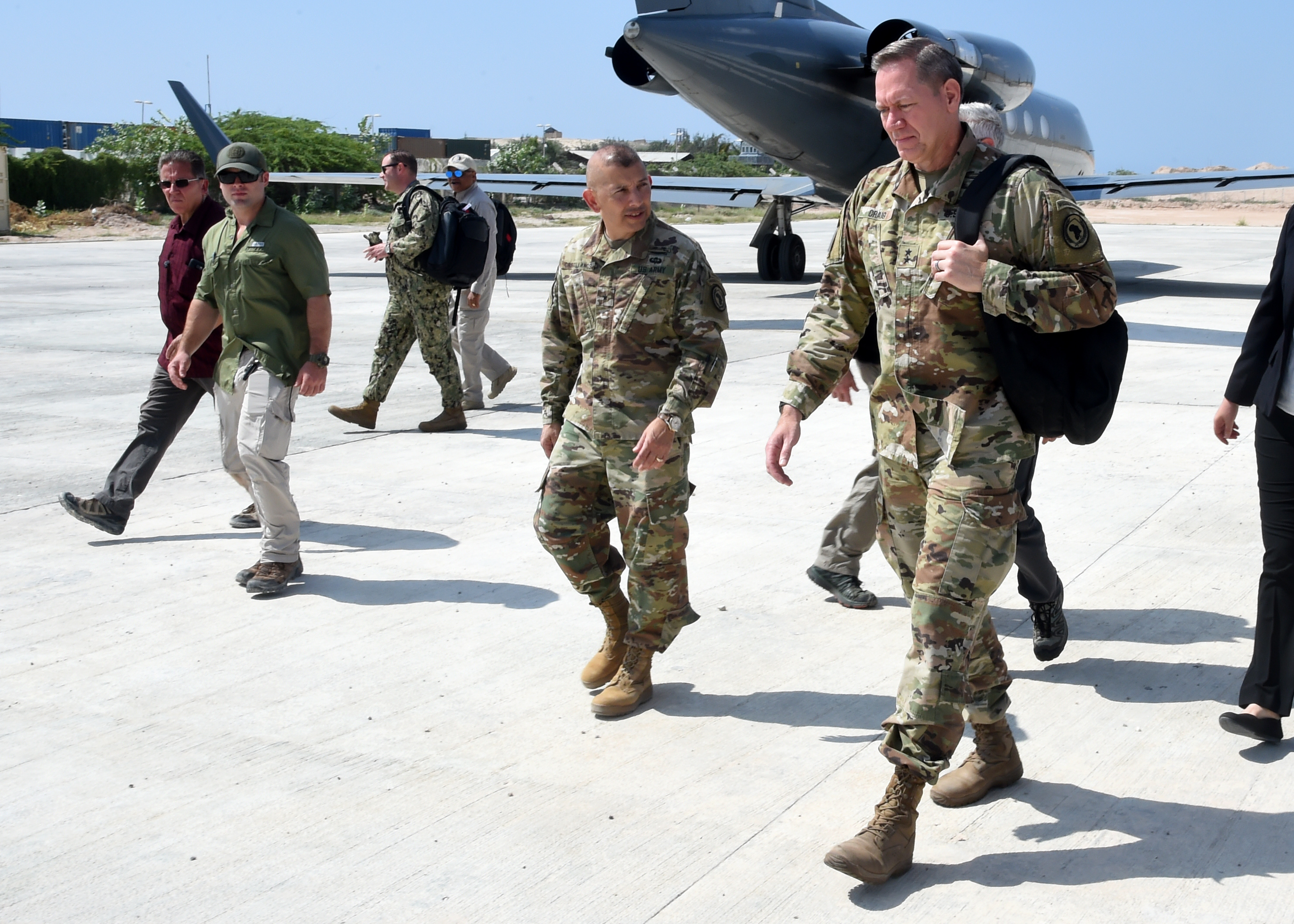 MOGADISHU, Somalia â U.S. Army Major Gen. James D. Craig, commanding general, Combined Joint Task ForceâHorn of Africa, walks on the flight line at Aden Adde International Airport in Mogadishu, Somalia Nov. 27, 2018. During his visit to Mogadishu Craig also met with Somali President Mohamed Abdullahi Mohamed, and Marine Gen. Thomas D. Waldhauser, commanding general, U.S. Africa Command, to discuss development, security and stability in Somalia. (U.S. Navy Photo by Mass Communication Specialist 1st Class Nick Scott) 