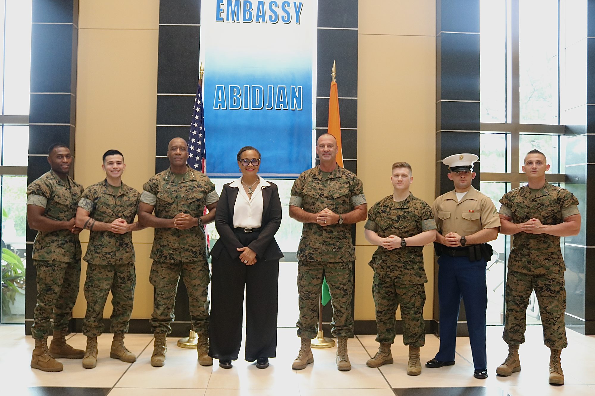 U.S. Marine Corps Gen. Michael Langley, commander, U.S. Africa Command, and U.S. Marine Corps Sgt. Maj. Michael Woods, command senior enlisted leader, meet with Embassy staff in Côte d’Ivoire.